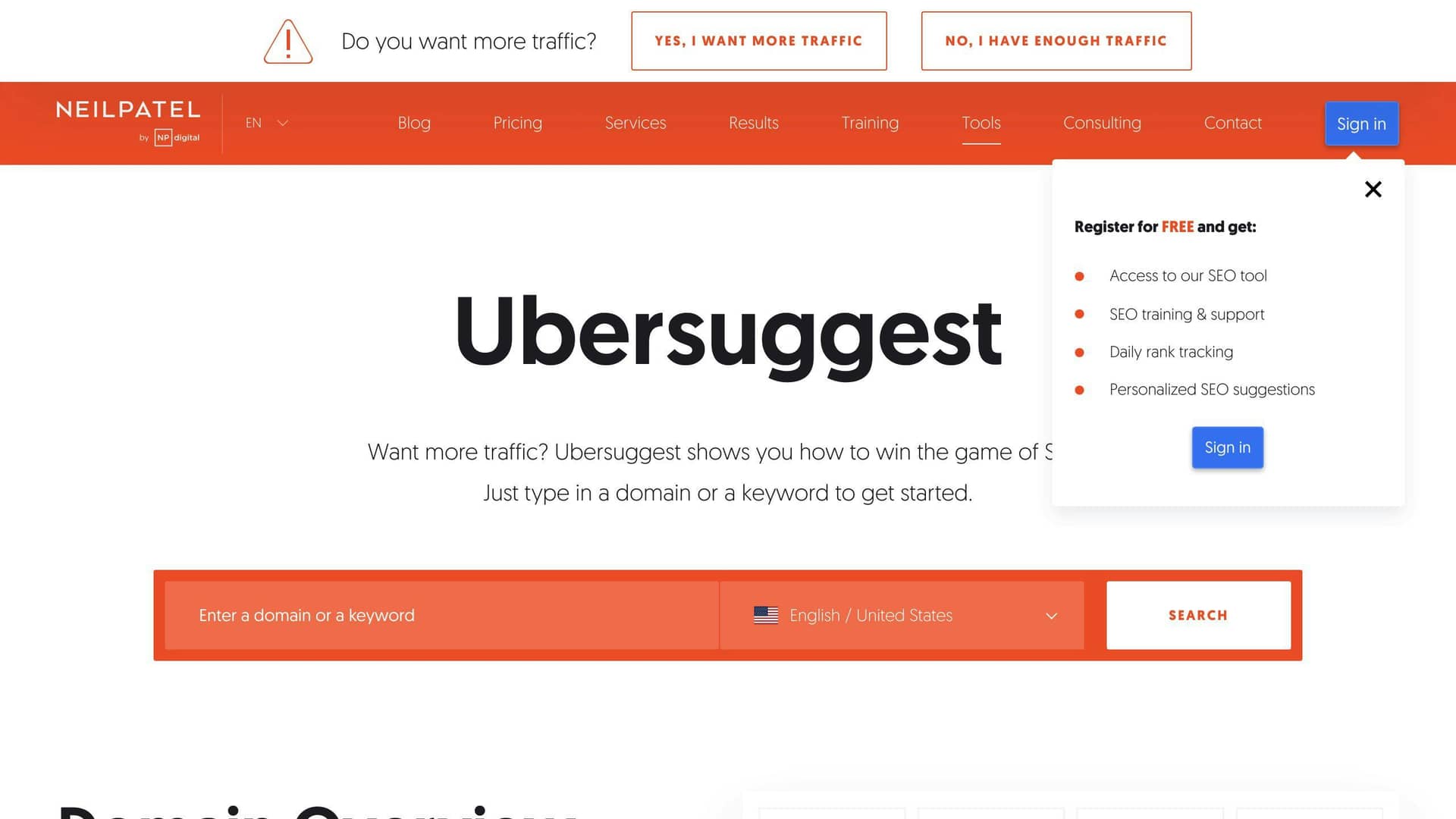Ubersuggest Home Page